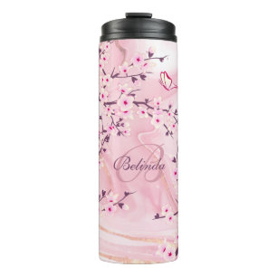 Bouteilles Isothermes Fleurs de cerisier rose Marbre Monogramme Nom
