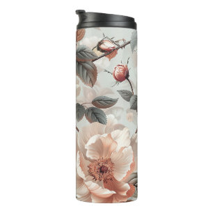 Bouteilles Isothermes Fleurs de crème avec feuilles gris sur un gris cla