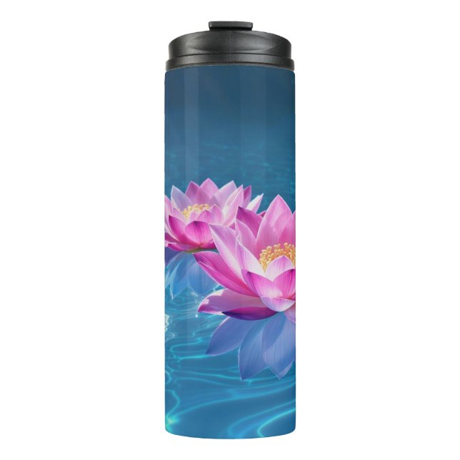 Bouteilles Isothermes Fleurs de Lotus rose flottant sur l'eau bleu crist (Devant)