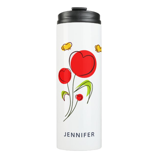 Bouteilles Isothermes Fleurs du Coeur Rouge mignonnes et papillons jaune (Devant)