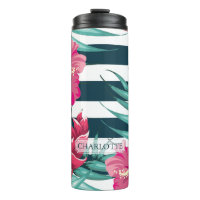 Fleurs exotiques roses Monogrammes rayés