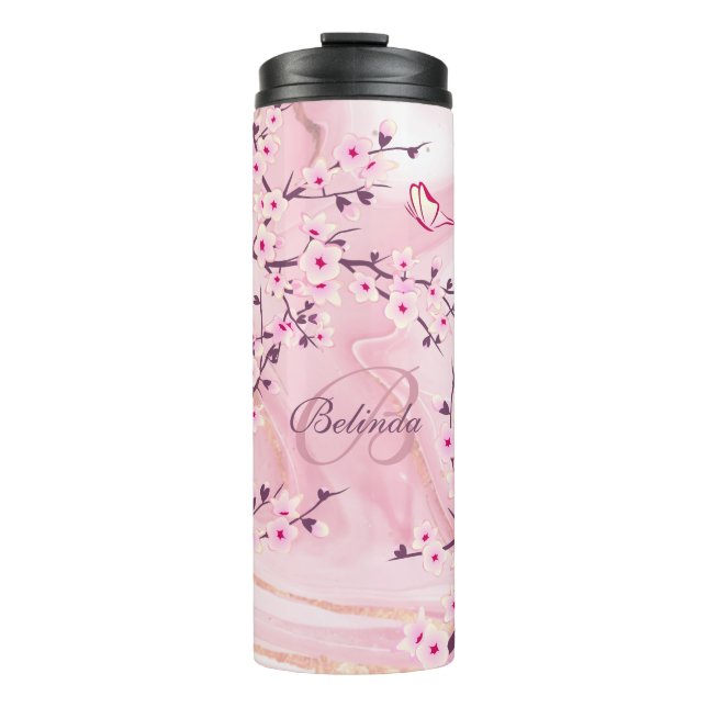 Bouteilles Isothermes Fleurs florales de cerisier Nom de marbre rose Mon (Devant)