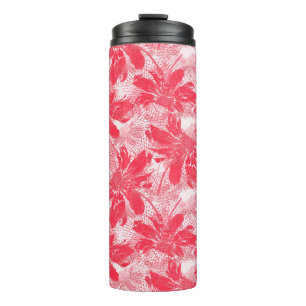 Bouteilles Isothermes Fleurs rouges sur blanc.