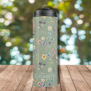 Bouteilles Isothermes Fleurs sauvages et papillon Nom Vert Sauge