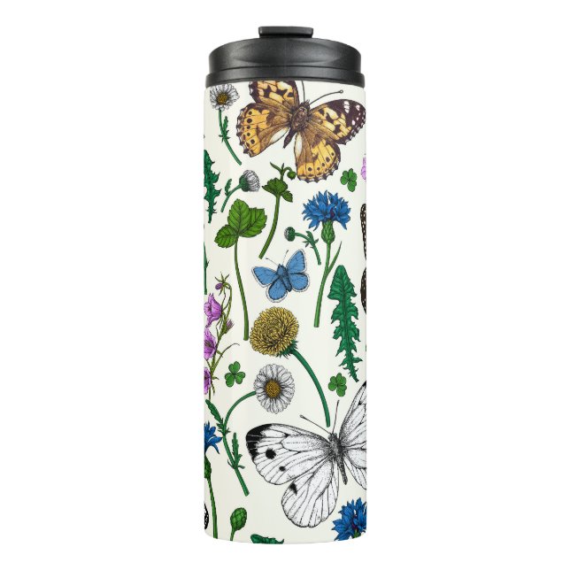 Bouteilles Isothermes Fleurs sauvages et papillons sur blanc (Devant)