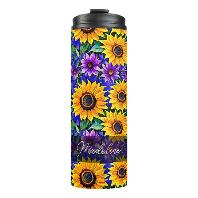 Bouteilles Isothermes Fleurs violettes et tournesols jaunes Personnalisé (Devant)