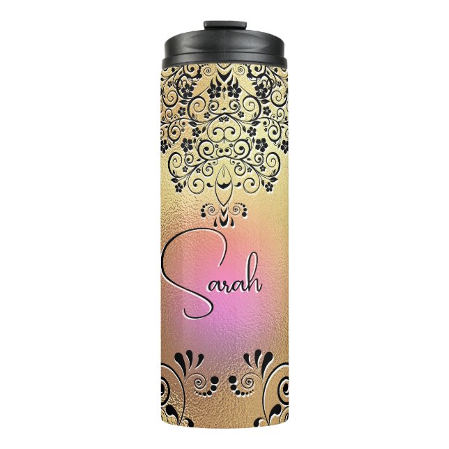 Bouteilles Isothermes Floral Line Art Élégant Pretty Gold Rose Noir (Devant)