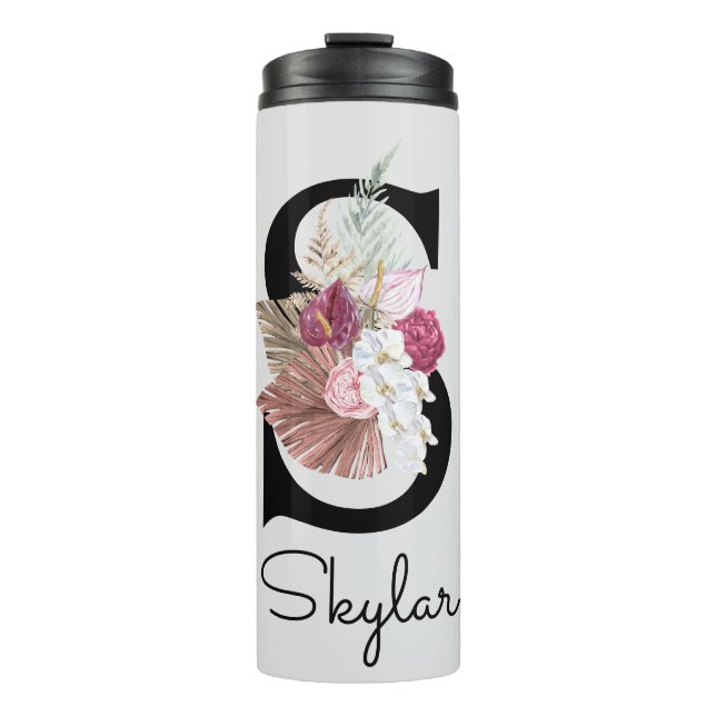 Bouteilles Isothermes Floral rose monogramme initial S (Devant)