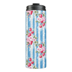 Bouteilles Isothermes Fraises vintages et fleurs sur bandes bleues