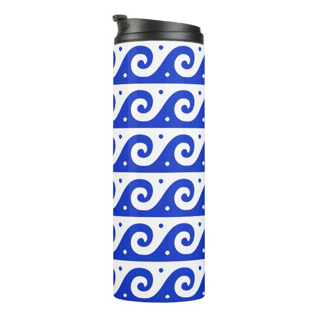 Bouteilles Isothermes Fret grec, Motif d'onde méditerranéen, Bleu (Tourné sur la droite)