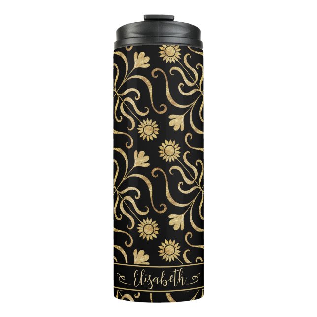 Bouteilles Isothermes Gold Floral Damask Sunflower Classy Black Folk Art (Devant)