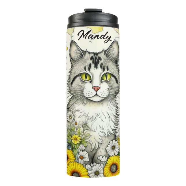 Bouteilles Isothermes Gray Kitty Chat assis en Fleurs (Devant)