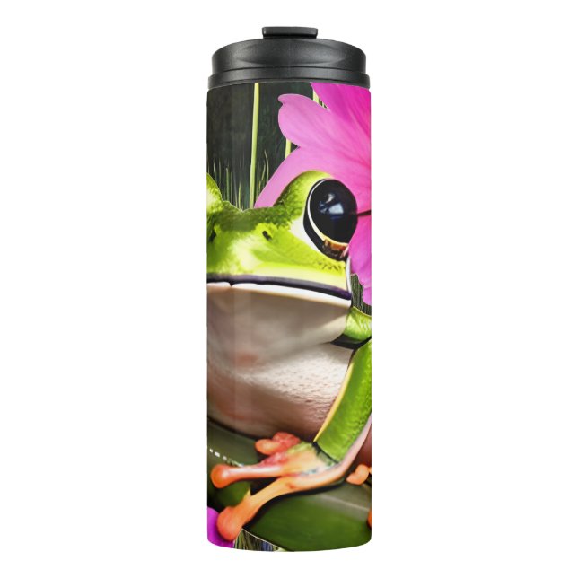 Bouteilles Isothermes Grenouille verte entourée de fleurs roses (Devant)