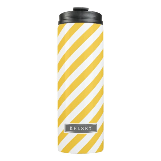 Bouteilles Isothermes Gris et Jaune de preppy raypes Monogramme (Devant)