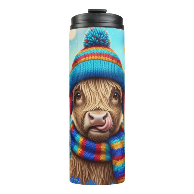 Bouteilles Isothermes Highland Cow in Rainbow Knits" (Devant)