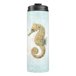 Bouteilles Isothermes Hippocampe sarcelle et or aquarelle plage côtière
