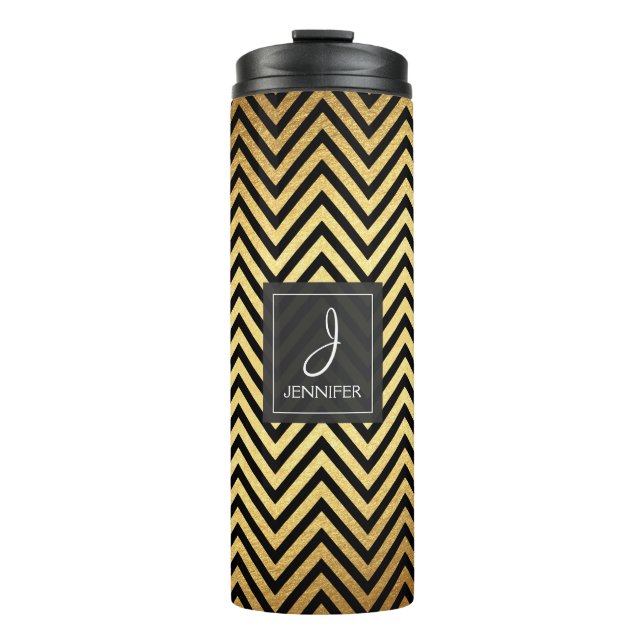 Bouteilles Isothermes Huile d'or et Motif noir Chevron Monogramme (Devant)