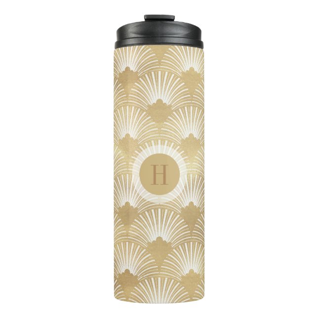 Bouteilles Isothermes Jaune or & blanc motif art déco. (Devant)