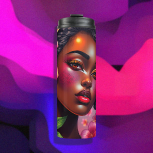 Bouteilles Isothermes Jolie dame de couleur Fleurs roses Notes musicales