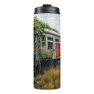 Bouteilles Isothermes Lierre et graffiti recouvrant un train abandonné