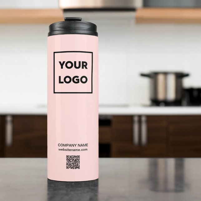 Bouteilles Isothermes Logo professionnel personnalisé QR Code sur Coral  (Custom Business Logo QR Code on Coral Pink Thermal Tumbler in situ)
