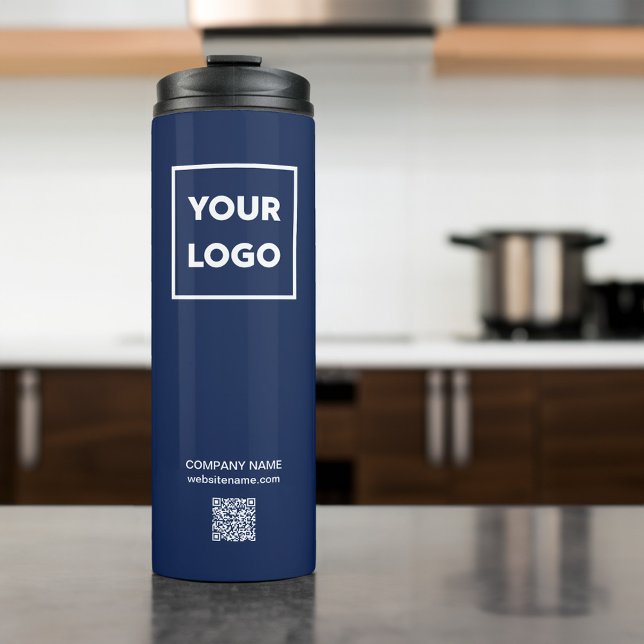 Bouteilles Isothermes Logo professionnel personnalisé QR Code sur Navy B (Custom Business Logo QR Code on Navy Blue Thermal Tumbler in situ)