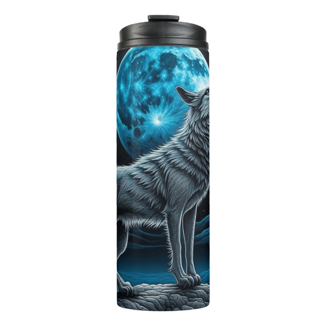Bouteilles Isothermes Loup solitaire et Pleine lune noir et bleu (Devant)