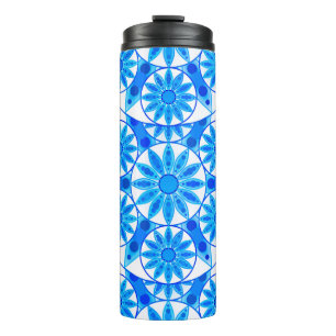 Bouteilles Isothermes Mandala Motif, Bleu de Cobalt, Turquoise et Blanc