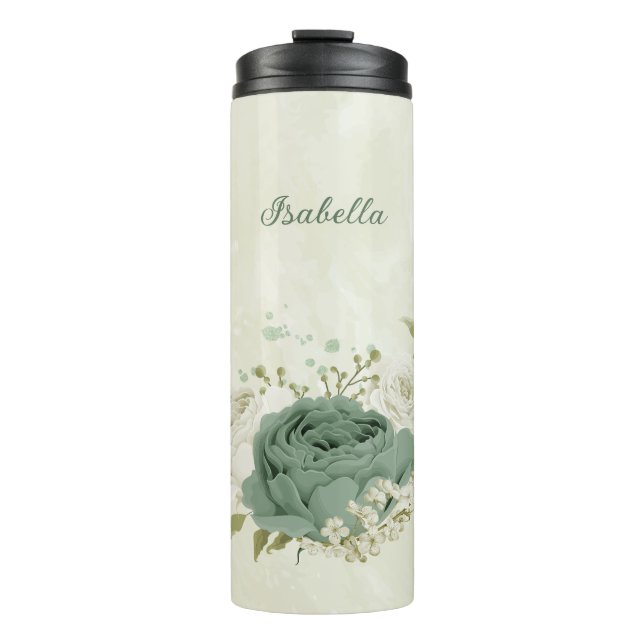 Bouteilles Isothermes mariage fleurs blanches vert sauge (Devant)