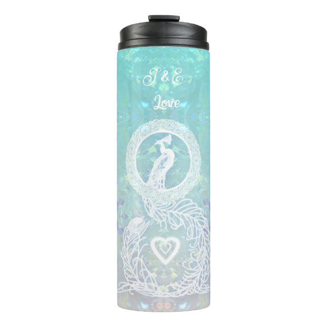 Bouteilles Isothermes Mariage romantique paon, coeur et bleu aqua (Devant)