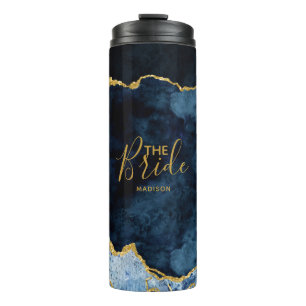 Bouteilles Isothermes Marine Blue & Gold Foil Agate Marbre la mariée