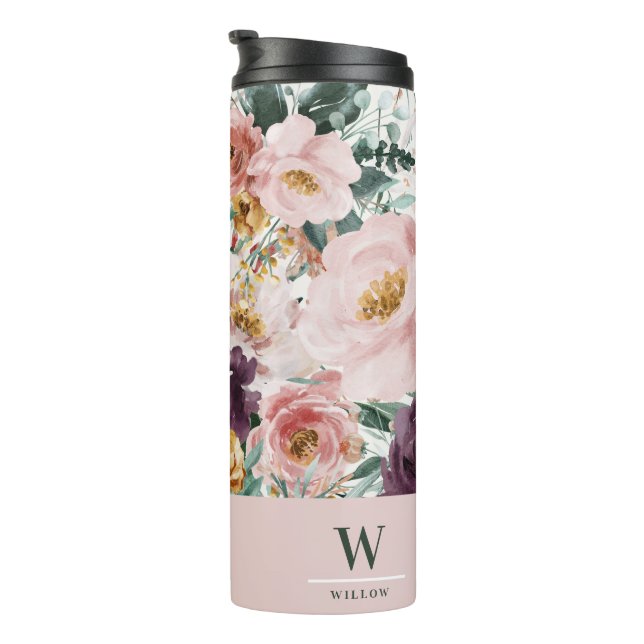 Bouteilles Isothermes Moderne aquarelle florale élégant monogramme rose (Tourné sur la droite)