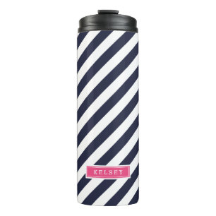 Bouteilles Isothermes Monogramme bleu marine et rose de bandes Preppy