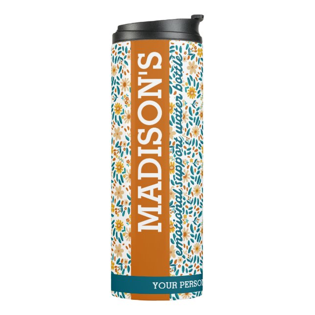 Bouteilles Isothermes Monogramme floral personnalisé et nom Paruline à e (Tourné sur la gauche)