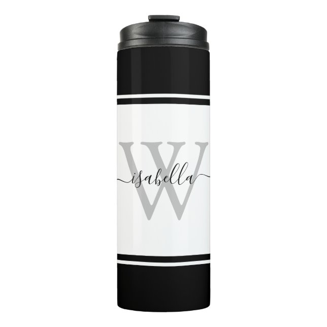 Bouteilles Isothermes Monogramme Girly Moderne Script tendance Noir Blan (Devant)