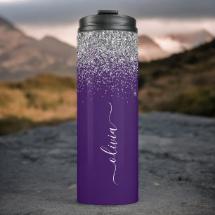 Bouteilles Isothermes Monogramme Nom Paillettes Argent Violet Fille
