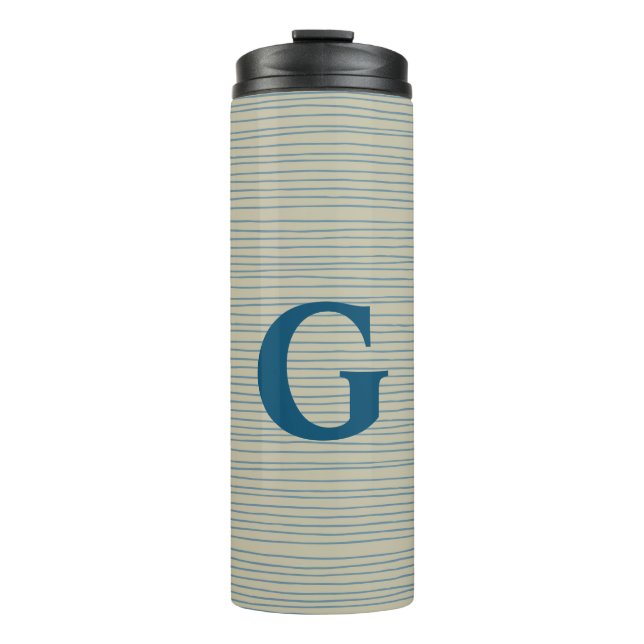Bouteilles Isothermes Monogramme personnalisé rayé bleu neutre beige (Devant)