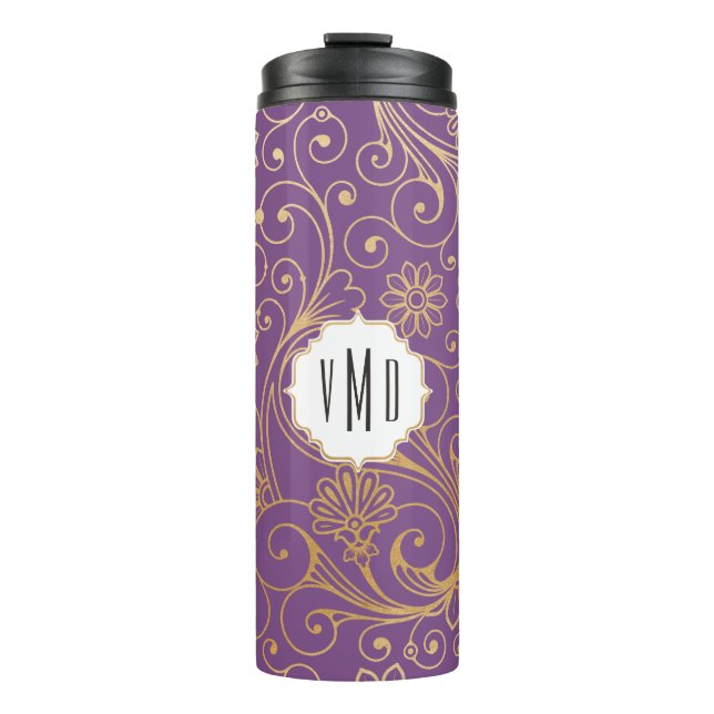 Bouteilles Isothermes Monogramme pourpre floral de remous d'or (Devant)