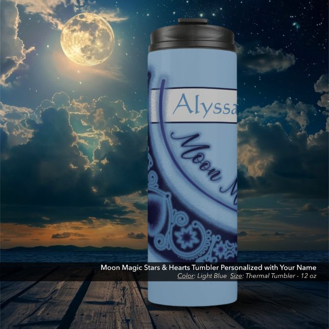 Bouteilles Isothermes Moon Magic Stars Coeurs Nom céleste Bleu clair (Moon Magic Stars and Hearts Celestial Light Blue Thermal Tumbler Personalized with Your Name.)