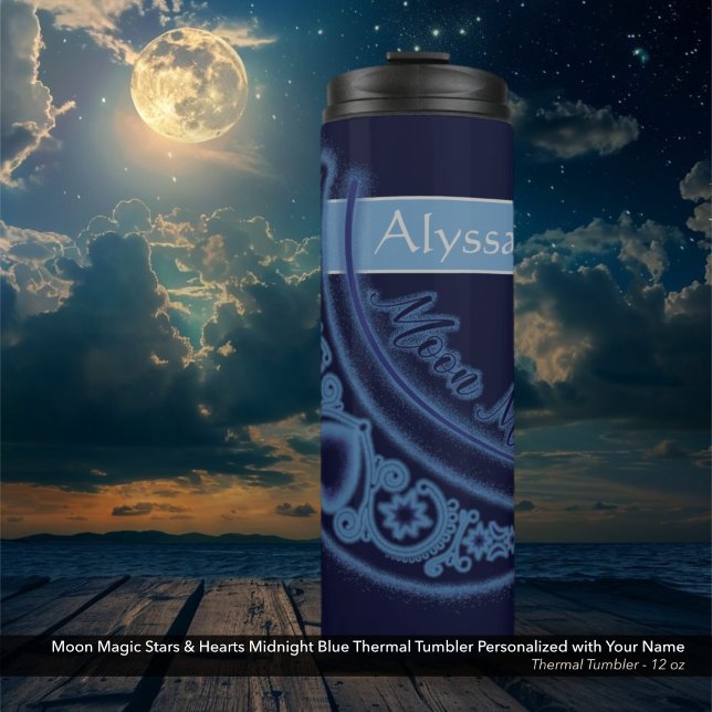 Bouteilles Isothermes Moon Magic Stars Coeurs Nom céleste Bleu foncé (Moon Magic Stars and Hearts Celestial Dark Blue Thermal Tumbler Personalized with Your Name.)