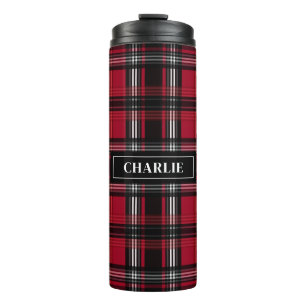 Bouteilles Isothermes Motif carreau tartan rouge et noir et nom personna