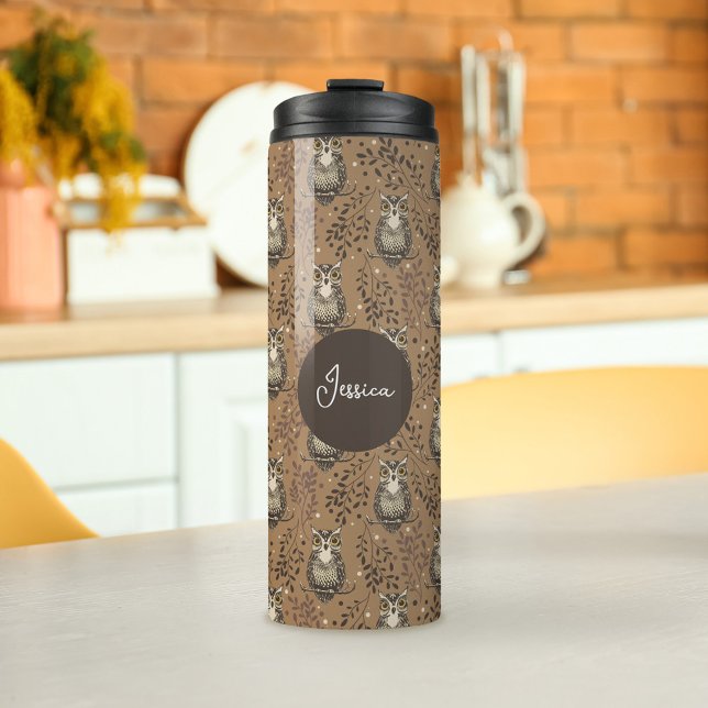 Bouteilles Isothermes Motif de bois illustré de Chouette Brown (Owl Pattern & Nameplate Tumbler )