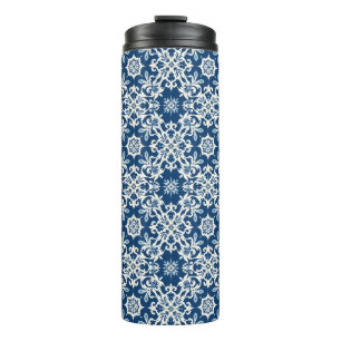 Bouteilles Isothermes Motif d'ornement bohème en blanc-bleu vintage