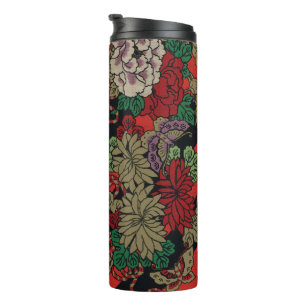 Bouteilles Isothermes Motif floral japonais vintage pivoine rouge noir