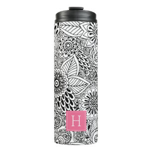 Bouteilles Isothermes Motif floral noir et blanc Monogramme
