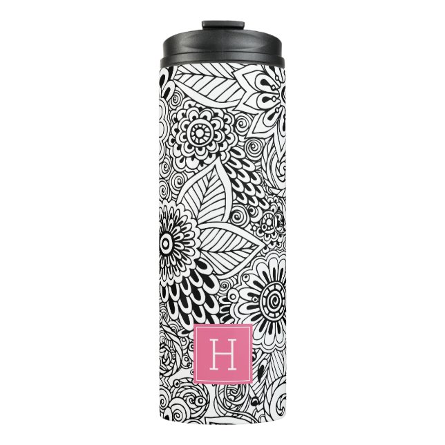 Bouteilles Isothermes Motif floral noir et blanc Monogramme (Devant)