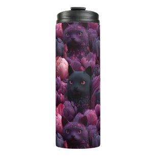 Bouteilles Isothermes Motif floral surréaliste de chat noir et de pivoin