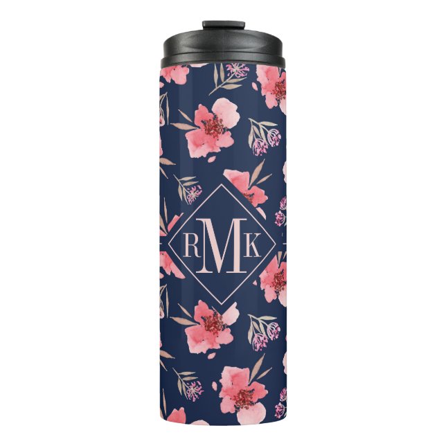 Bouteilles Isothermes Motif rose foncé d'aquarelle du monogramme | (Devant)