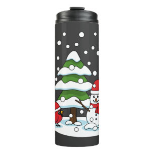 Bouteilles Isothermes Neige tombant sur Cardinal, Snowman et Pine Tree