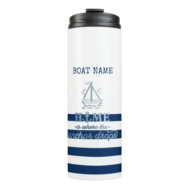 Bouteilles Isothermes Nom du bateau nautique, Ancre Marine Bleu rayé (Devant)